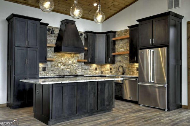 768 Cherokee Cir, Ellijay, GA 30540 - kitchen featuring tasteful backsplash, visible vents, open shelves, appliances with stainless steel finishes, and custom range hood