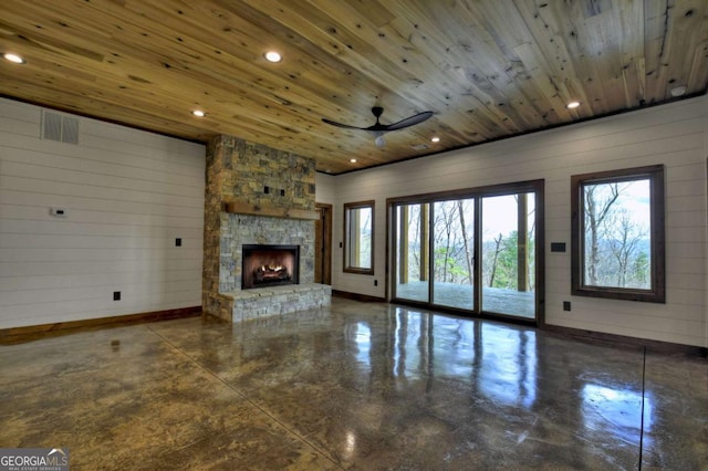 768 Cherokee Cir, Ellijay, GA 30540 - unfurnished living room featuring visible vents, a stone fireplace, recessed lighting, and wooden ceiling