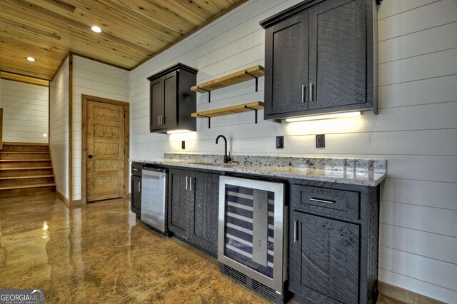 768 Cherokee Cir, Ellijay, GA 30540 - kitchen featuring open shelves, recessed lighting, wood ceiling, a sink, and beverage cooler