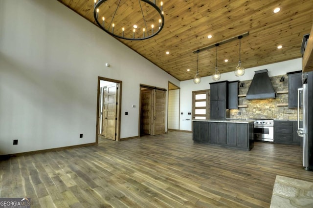 768 Cherokee Cir, Ellijay, GA 30540 - kitchen with custom range hood, open shelves, a barn door, appliances with stainless steel finishes, and wooden ceiling