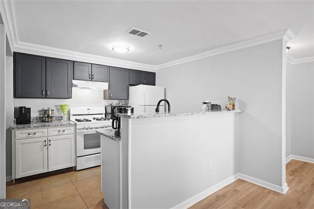 4307 Orchard Park Ct Unit A, Stone Mountain, GA 30083 - kitchen with white appliances, under cabinet range hood, crown molding, light stone countertops, and a peninsula