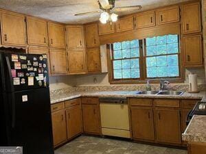 4528 Newcastle Cir, Lithonia, GA 30038 - kitchen with freestanding refrigerator, dishwasher, a ceiling fan, light countertops, and brown cabinetry