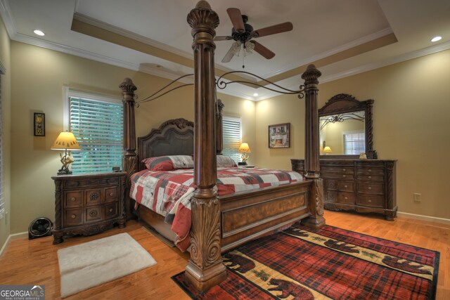 bedroom with a tray ceiling, wood finished floors, and multiple windows