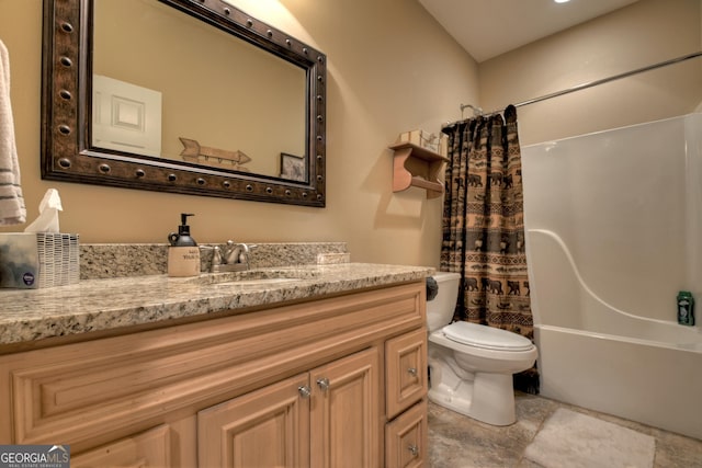 full bathroom with toilet, shower / tub combo with curtain, and vanity