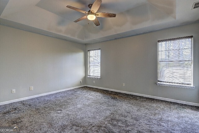 spare room with a raised ceiling, carpet flooring, ceiling fan, and plenty of natural light