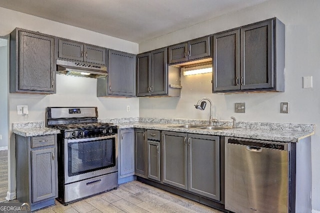 kitchen featuring a sink, light wood finished floors, under cabinet range hood, and stainless steel appliances