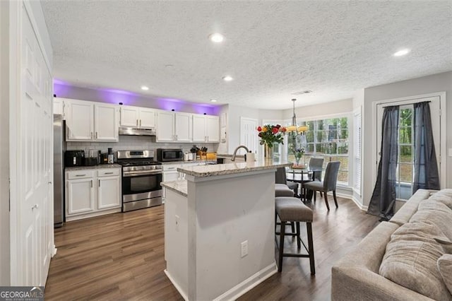 kitchen featuring open floor plan, white cabinetry, under cabinet range hood, decorative backsplash, and stainless steel appliances