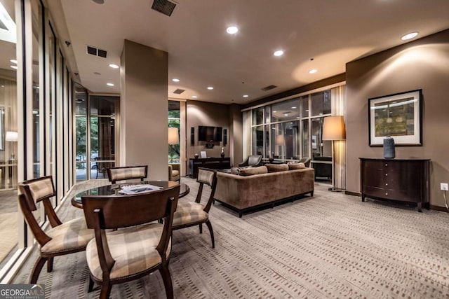 2626 Peachtree Rd NW Unit 412, Atlanta, GA 30305 - dining area featuring recessed lighting, carpet, visible vents, and baseboards