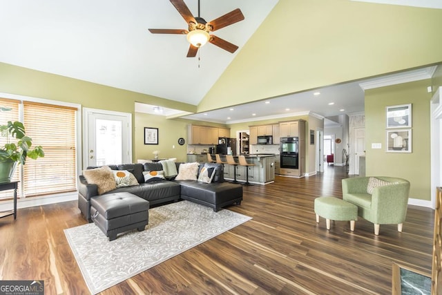living room featuring baseboards, recessed lighting, a ceiling fan, dark wood-type flooring, and high vaulted ceiling