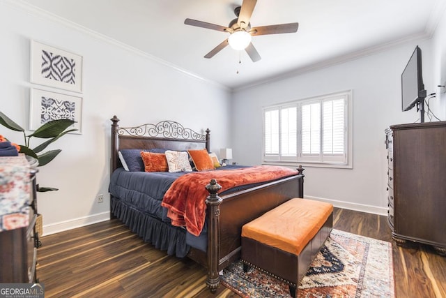 bedroom with a ceiling fan, dark wood-style flooring, baseboards, and ornamental molding