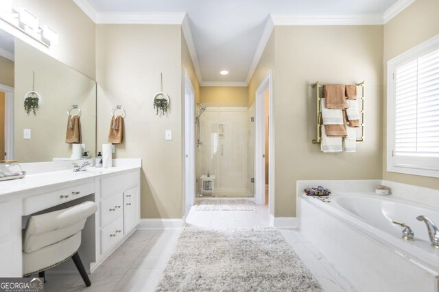 full bathroom featuring vanity, baseboards, crown molding, and a stall shower