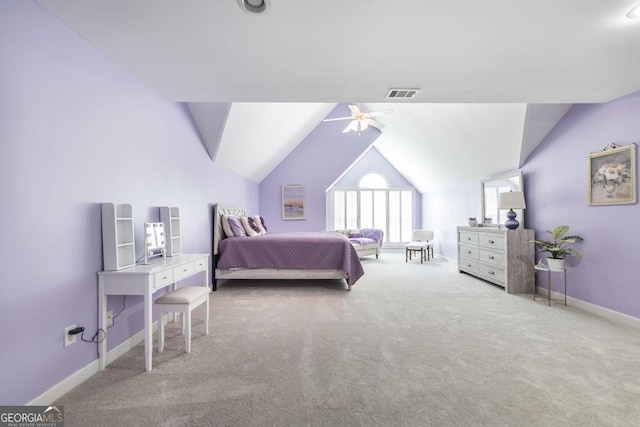 bedroom featuring carpet, visible vents, baseboards, and lofted ceiling