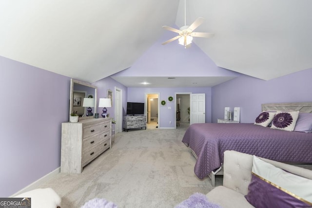 bedroom with light carpet, high vaulted ceiling, baseboards, and a ceiling fan