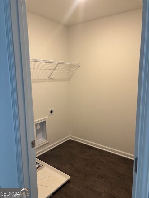 182 Parkwood Dr Unit 32, Dawsonville, GA 30534 - washroom featuring hookup for an electric dryer, laundry area, baseboards, and dark wood-type flooring