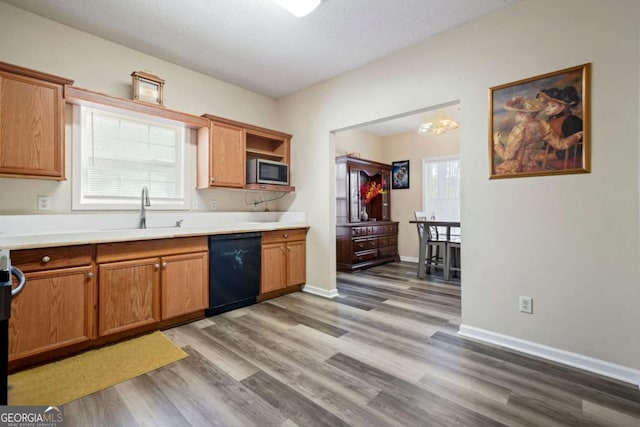 kitchen with black dishwasher, stainless steel microwave, a sink, light wood finished floors, and plenty of natural light