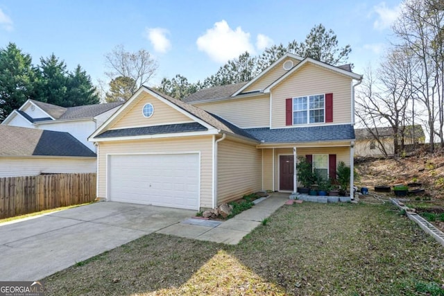 traditional home with driveway, an attached garage, a front lawn, fence, and a shingled roof