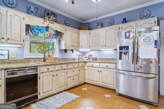 126 N Valhalla Ct, Cordele, GA 31015 - kitchen with stainless steel fridge with ice dispenser, dishwasher, a sink, light stone counters, and crown molding