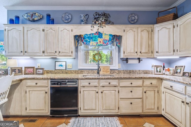 126 N Valhalla Ct, Cordele, GA 31015 - kitchen featuring black dishwasher, a sink, light tile patterned flooring, healthy amount of natural light, and crown molding