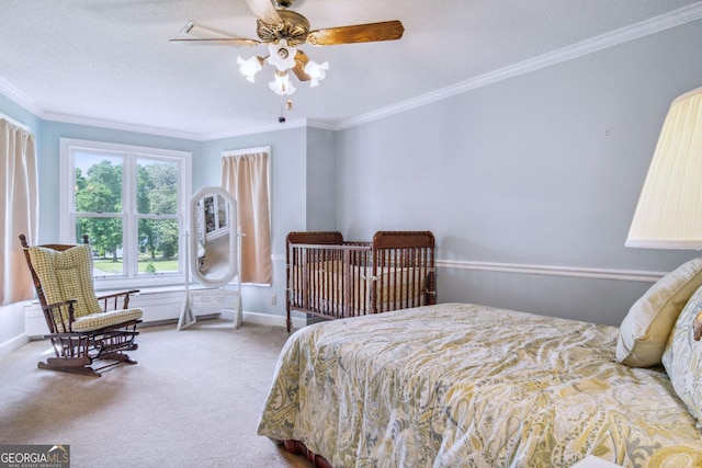 126 N Valhalla Ct, Cordele, GA 31015 - bedroom featuring carpet, crown molding, a textured ceiling, baseboards, and ceiling fan