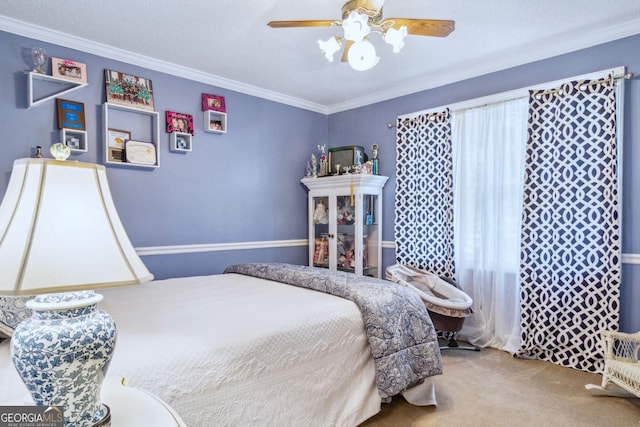 126 N Valhalla Ct, Cordele, GA 31015 - bedroom with carpet floors, ornamental molding, a ceiling fan, and a textured ceiling