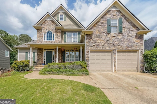 31 Vine Creek Ln, Acworth, GA 30101 - craftsman-style home featuring stone siding, a garage, concrete driveway, a front yard, and a porch