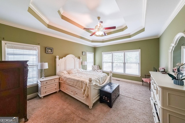 31 Vine Creek Ln, Acworth, GA 30101 - carpeted bedroom with crown molding, a raised ceiling, baseboards, and a ceiling fan