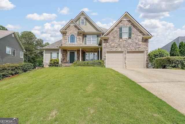 31 Vine Creek Ln, Acworth, GA 30101 - craftsman inspired home with stone siding, driveway, a garage, a front yard, and covered porch
