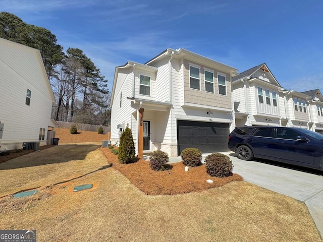 view of front facade featuring concrete driveway, central AC, stone siding, and an attached garage