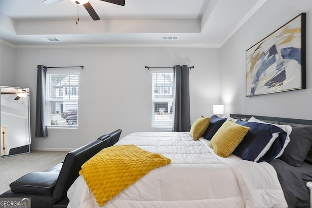 bedroom with carpet flooring, visible vents, multiple windows, and a raised ceiling