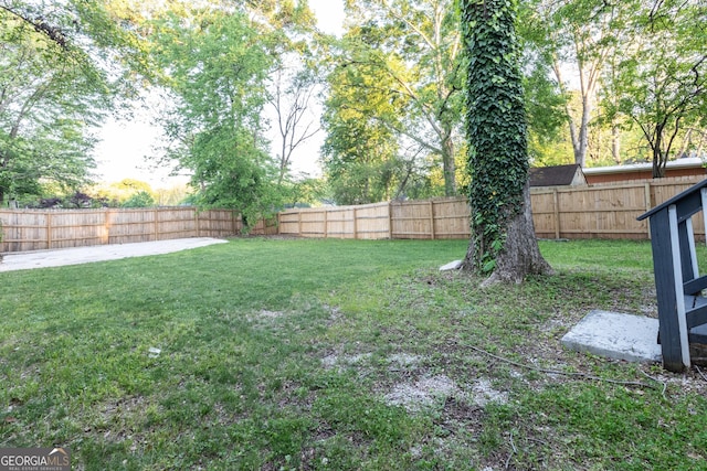 view of yard featuring a fenced backyard and a patio