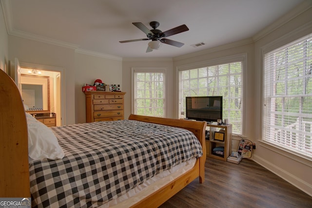 13 Breckenridge Rd SE, Rome, GA 30161 - bedroom with visible vents, dark wood-style flooring, crown molding, baseboards, and ceiling fan