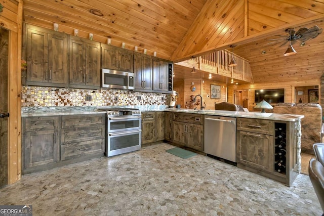 kitchen featuring open floor plan, appliances with stainless steel finishes, a peninsula, wood ceiling, and wood walls