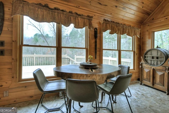 dining room with wood ceiling, wood walls, and lofted ceiling