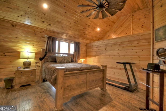 bedroom with wood ceiling, wood walls, wood-type flooring, and vaulted ceiling