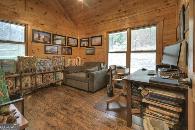 bonus room featuring hardwood / wood-style floors, wooden ceiling, ceiling fan, and vaulted ceiling