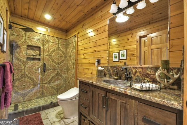 full bathroom with vanity, wooden walls, toilet, a shower stall, and wood ceiling