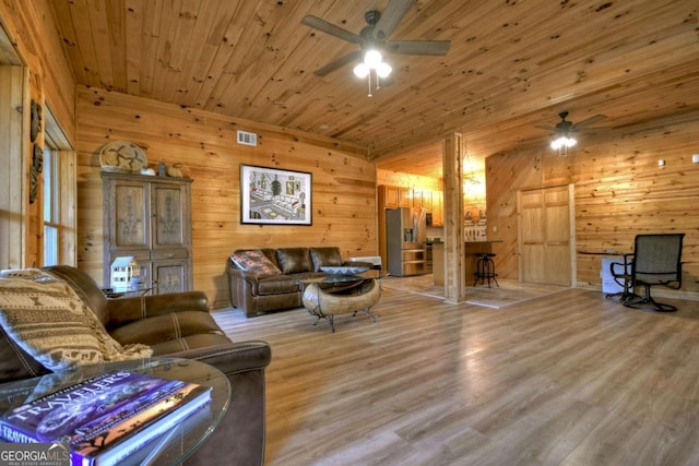 living room with visible vents, wood ceiling, a ceiling fan, and wood finished floors