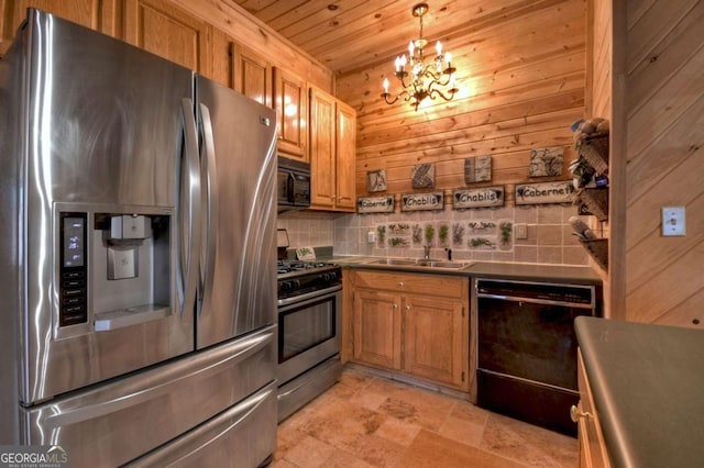kitchen featuring a notable chandelier, a sink, brown cabinetry, black appliances, and decorative backsplash