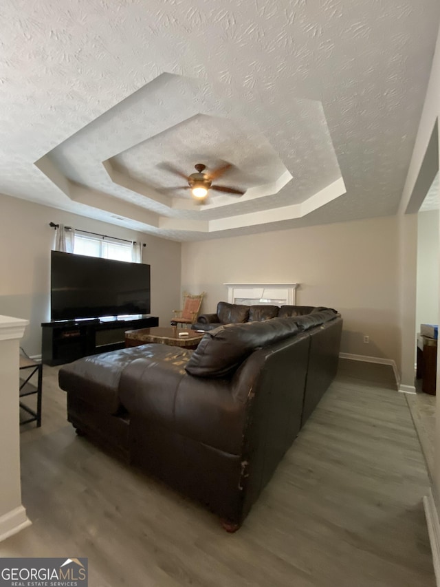 living area featuring a raised ceiling, wood finished floors, and a ceiling fan