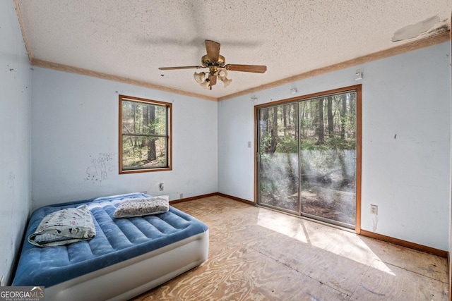 bedroom with access to outside, baseboards, a textured ceiling, and ceiling fan