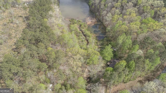 drone / aerial view featuring a forest view and a water view