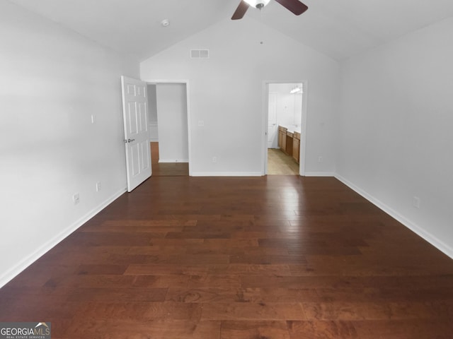 409 Kenley Ct, Mcdonough, GA 30253 - empty room with a ceiling fan, high vaulted ceiling, and wood finished floors
