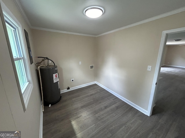 219 Hammerhawk Rd, Griffin, GA 30223 - washroom featuring laundry area, dark wood finished floors, electric water heater, electric dryer hookup, and hookup for a washing machine