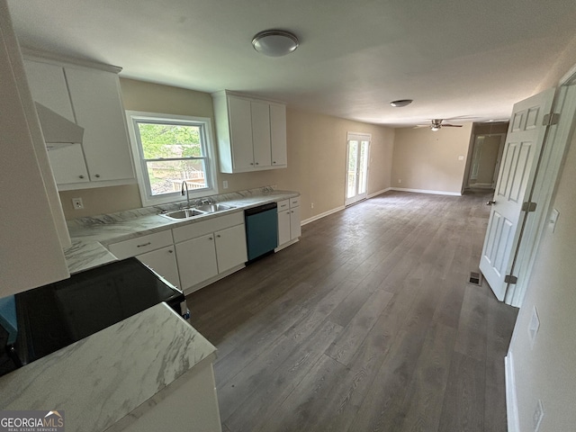 219 Hammerhawk Rd, Griffin, GA 30223 - kitchen featuring dark wood-style flooring, white cabinetry, a ceiling fan, dishwashing machine, and a sink