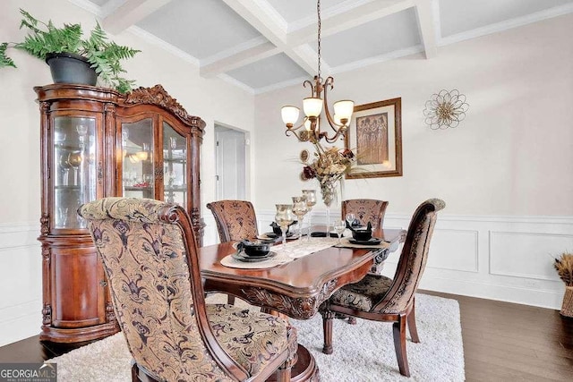 dining space featuring an inviting chandelier, dark wood-style floors, beam ceiling, wainscoting, and coffered ceiling