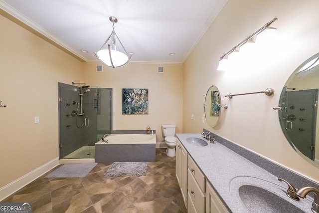 bathroom with a sink, crown molding, a garden tub, and a shower stall