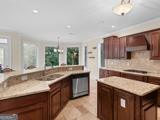 5297 Heron Bay Blvd, Locust Grove, GA 30248 - kitchen with crown molding, a sink, stainless steel appliances, premium range hood, and decorative backsplash