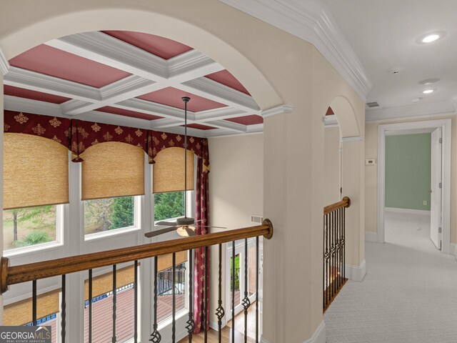 5297 Heron Bay Blvd, Locust Grove, GA 30248 - corridor with baseboards, ornamental molding, carpet floors, recessed lighting, and coffered ceiling