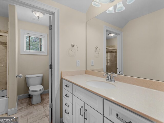 5297 Heron Bay Blvd, Locust Grove, GA 30248 - full bath featuring vanity, baseboards, enclosed tub / shower combo, toilet, and marble finish floor