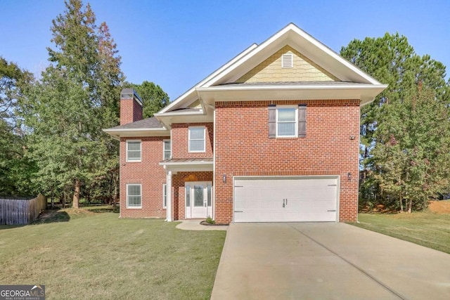 4066 Wild Orchid Ln, Loganville, GA 30052 - traditional home with a garage, a front yard, driveway, and a chimney